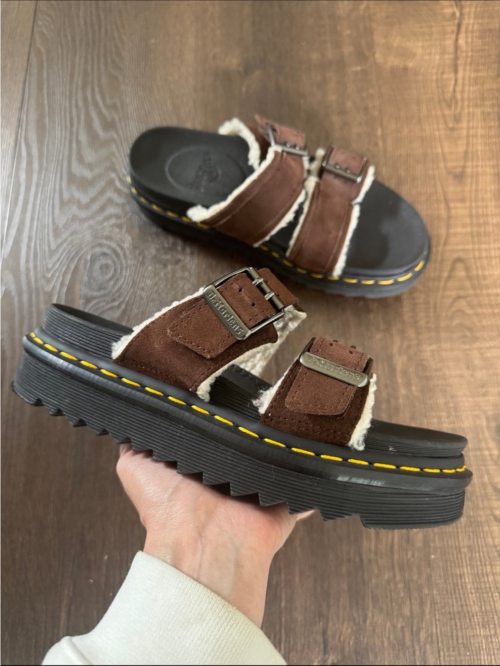 Dr. Martens Doc Martens Myles slides brown fur-lined buckle unisex sandals shoes